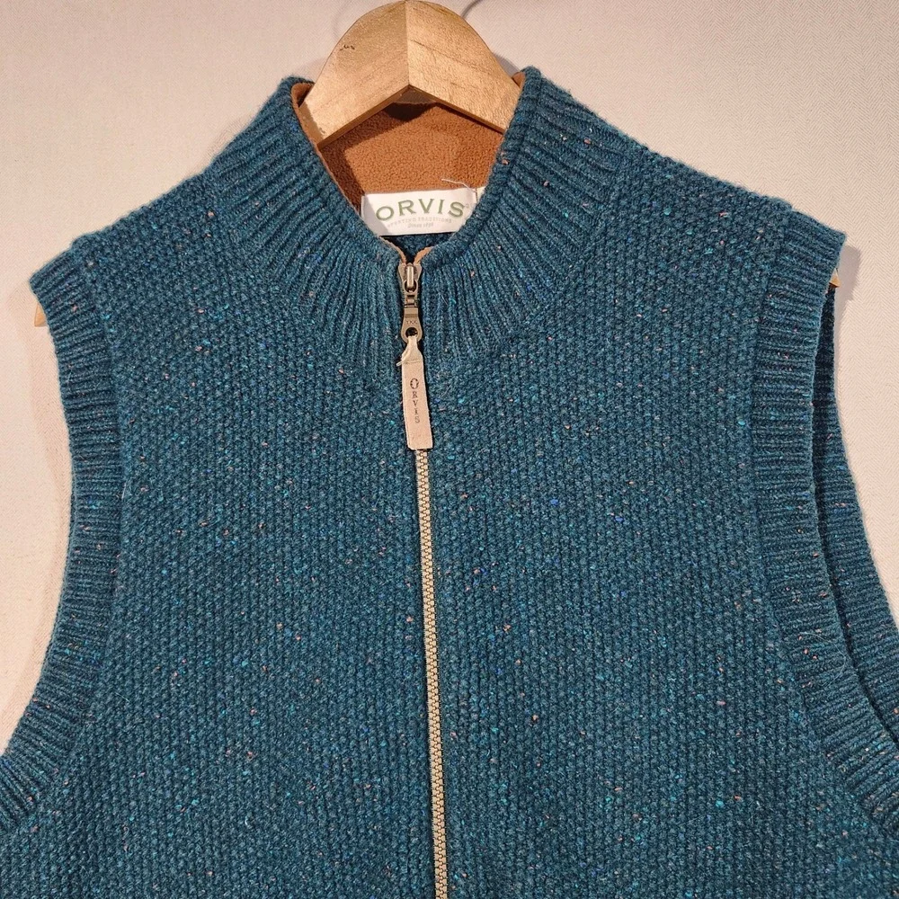 Orvis Mens Teal Donegal Wool Blend Full Zip Sweater Vest Waffle Knit Large Fall